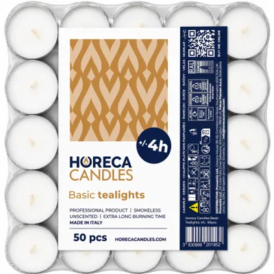 Obrázok produktu pre Horeca Candles - Čajové sviečky s dobou horenia 4 hodiny - 50 kusov, biele - Neparfumované - Parafínové - Svadba, výzdoba, oslava, relaxácia, párty