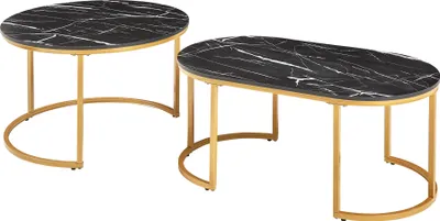 Two modern coffee tables with black marble-look tops and gold metal frames are displayed against a white background.