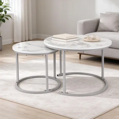 Produktbild von Couchtisch Rund aus Holz,Satztisch 2er Set,Imitation Marble Couchtisch mit Metallgestell,Stapelbar Beistelltisch Set,Modern Kaffeetisch (Ø60cm/40cm)