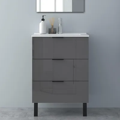 Produktbild von Badmöbel Set 60 cm Dunklegrau Hochglanz Keramikbecken Hängeschrank mit Schrankfüße Griff Softclose selbstmontiert