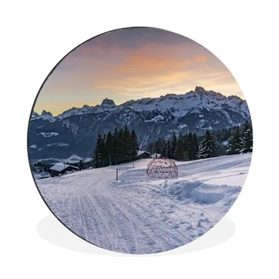 Produktbild von MuchoWow® Aluminium Wandkreis Schnee - Berg - Alpen Ø 60 cm Wanddeko Modern Wohnzimmer - Wand Kreis - Wandbild - Schlafzimmer - Aluminium Bild - Kinderzimmer - Wohnzimmer Dekoration - Wandschmuck