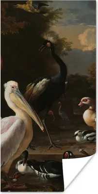 Produktbild von MuchoWow® Poster Ein Pelikan und andere Vögel in der Nähe eines Wasserbeckens - Gemälde von Melchior d'Hondecoeter 80x160 cm - Kinderzimmer