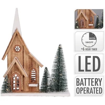 Produktbild von Lichterhaus aus Holz mit Tannenbäumen und LED-Beleuchtung  - Inkl. Timer - Batteriebetrieben - Weihnachtsbeleuchtung Haus mit warmweissen LED´s