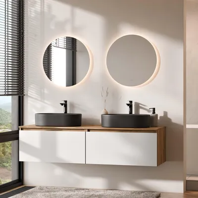 Produktbild von Planetmöbel ARISA Doppelwaschtisch 160 cm in Weiß mit 2 LED Spiegel NOVA 60 cm und 2 schwarzen Keramik-Aufsatzwaschbecken 55 cm