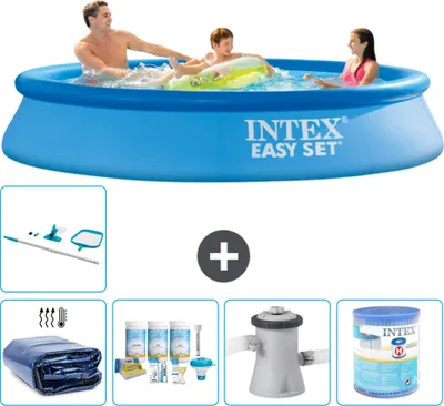 Zdjęcie produktu dla Okrągły nadmuchiwany basen Easy Set firmy Intex - 305 x 61 cm - niebieski - zawiera markizę - pakiet konserwacyjny - pompę filtrującą do basenu - filtr - zestaw do czyszczenia