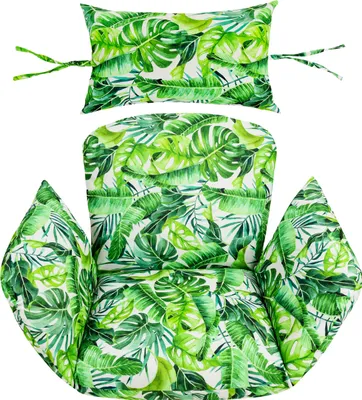 A set of cushions for a hanging chair or swing, featuring a tropical leaf pattern.