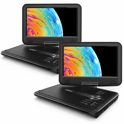 Productafbeelding van 11,5-inch draagbare DVD-speler voor kinderen en auto's, met een 9,5-inch HD-scherm dat kantelbaar is, stereo-luidsprekers, een batterijduur van 4-6 uur, en aansluitingen voor TV-signaal/USB (2 stuks)