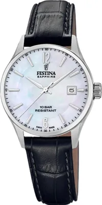 A close-up studio shot of a women's wristwatch with a white mother-of-pearl dial and a black leather strap.