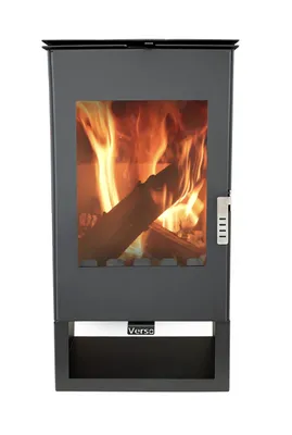 A modern wood-burning stove with a glass door showing flames and burning logs.