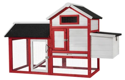 Produktbild von Wiltec Hühnerstall 1520 x 520 x 920 mm rot-weiß mit Freilauf und Nistkasten aus Tannenholz, Hühnerhaus mit Unterschlupf, Gitter und Kotwanne verzinkt