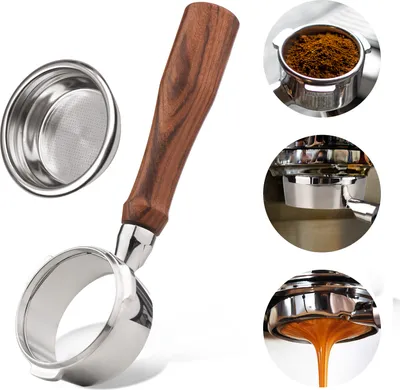 Obrázek produktu pro 58 mm 3 Ears Stainless Steel Bottomless Naked Strainer Wood Handle Coffee Cup Filtrační koš náhradní díl pro Barsetto BA101 BA102 Calphalon Temp IQ
