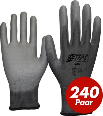 Produktbild von Nitras 6205 Nylon Strickhandschuh grau - VPE 240 Paar - mit PolyurethanBeschichtung auf Innenhand und Fingerkuppen Größe:9