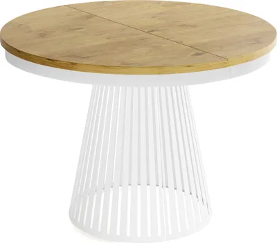 Produktbild von Esstisch Rund Ausziehbar mit Lamellen im Loft-Stil – 100 bis 180 cm – Industrieller Tisch mit Weißen Metallbeinen, Platzsparend für Wohnzimmer oder Esszimmer – Braun
