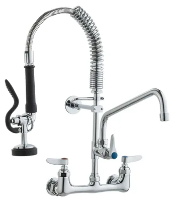 Produktbild von Commercial Faucet with Pre-Rinse Sprayer, 21" Height, 8" Center, 12" Swing Spout, Wall Mount Kitchen Sink Faucet, Brass Constructed Device with Pull Down Spray, for 1/2/3 Compartment Sink