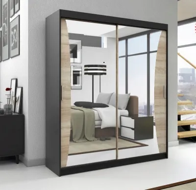 Produktbild von Schwebetürenschrank, 2-türig Schrank mit Spiegel! Moderne Garderobe für Kleidung. Verschiedene Farben (Weiß, Schwarz, Somona) Kleiderschrank NIKO 180 cm