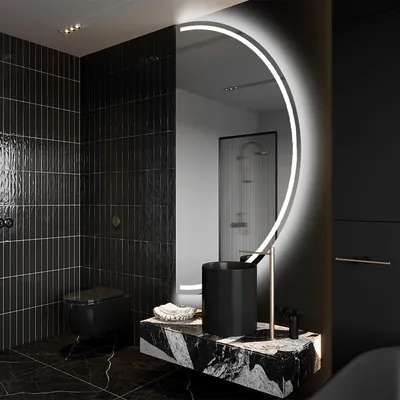Produktbild von Unregelmäßiger asymmetrischer angeschnitten Spiegel mit LED Beleuchtung 77.5 x 155 cm - mit LED Beleuchtung - LED Farbe Kaltweiß 7000K - Individuell Nach Maß - Beleuchtet Wandspiegel Lichtspiegel Badezimmerspiegel OKRHA223
