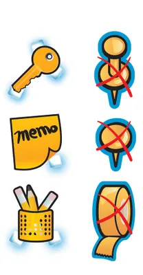 A collage of icons representing office supplies, some with red 'X' marks indicating they are not to be used.