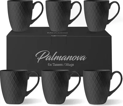 Zdjęcie produktu dla Zestaw 6 filiżanek Tomivo® (po 400 ml) – duże filiżanki z ceramiki, o matowym, diamentowym wykończeniu, kolekcja Palmanova, kolor czarny
