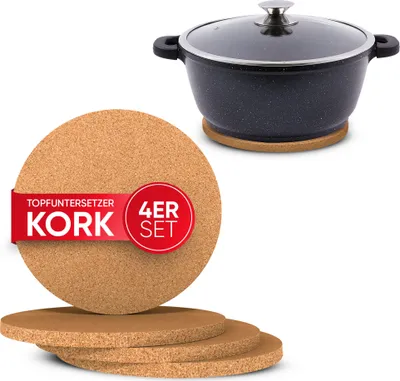 wortek runde Kork Untersetzer/ Unterlage – Topfuntersetzer / Pflanzenuntersetzer aus Kork zum Schutz vor Kratzer & Flecken – für Töpfe, Pfannen, Auflaufform, Gläser, Teller, Vasen, Blumen & Co | Ø 19 cm | 4 Stück