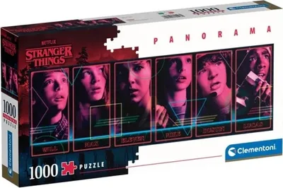 The image shows the packaging of a Clementoni 1000-piece panorama puzzle featuring characters from the Netflix series Stranger Things.