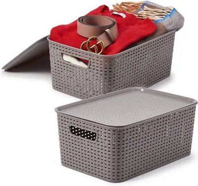 Image de Boîte en plastique avec couvercle, 14 litres, aspect rotin, lot de 2
