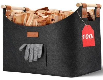Productafbeelding van Houtkorf voor hout, vilt, donkergrijs, 100 liter, 60x40x40 cm, met dubbele versteviging