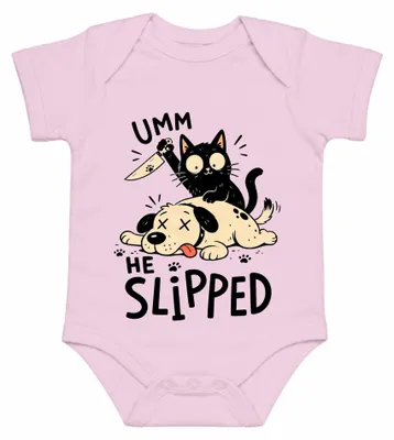 Image de UMM HE SLIPPED : Chat noir, mâle, couteau, chien, drôle, sarcasme, dessin humoristique, body pour bébé, rose, taille 0/3