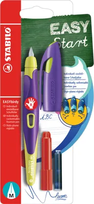 Produktbild von Ergonomischer Schulfüller für Rechtshänder mit Standard-Feder M - STABILO EASYbirdy in violett/gelb - Einzelstift - Schreibfarbe blau (löschbar) - inklusive Patrone und Einstellwerkzeug