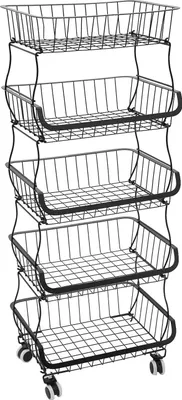 Immagine prodotto di Scaffale da cucina - Scaffale a cestini su rotelle - 5 ripiani - Girevole a 360° - Acciaio al carbonio - 10 kg per ripiano - 41×29×112 cm - Nero
