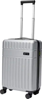 A silver suitcase with a retractable handle and wheels, shown against a white background.