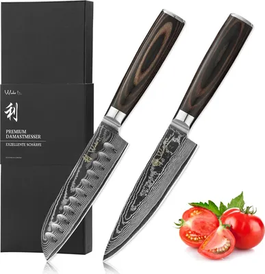 Produktbild von Wakoli EDIB Essentials 2er Damastmesser-Set - Küchenmesser Set aus 67 Lagen Damaststahl, Kochmesser-Set mit kleinem Chefmesser, Santokumesser, Pakkaholzgriff, Geschenkbox und Klingenschutz