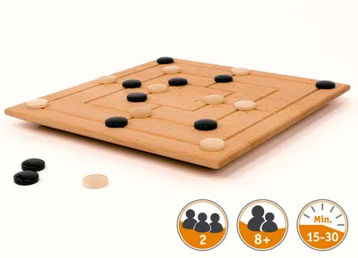 A wooden board game with black and white playing pieces, set against a white background. There are icons indicating player count and game duration.