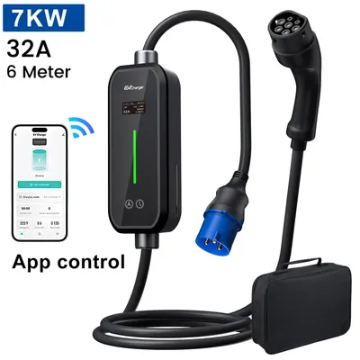 Immagine prodotto di Wallbox mobile per auto elettriche Hexinex Type2, con controllo tramite app/Wi-Fi, 7 kW, 32A, monofase, cavo di ricarica da 6 metri, con connettore CEE, regolazione della corrente, caricabatterie portatile