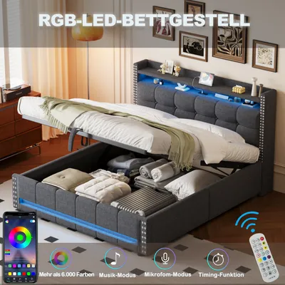 Immagine prodotto di okwish Letto imbottito Letto matrimoniale 160 x 200 cm con illuminazione a LED e presa USB, con vano portaoggetti e contenitore sotto il letto (senza materasso) - grigio