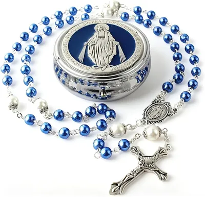 Image de Rosaire catholique, perles bleues, 1 pièce, pour la prière et la dévotion