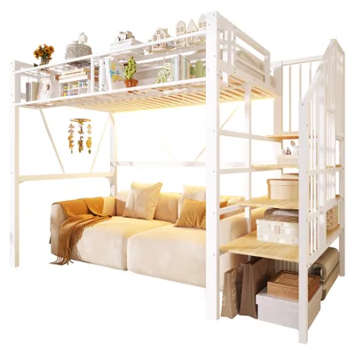 Produktbild von Hochbett mit LED-Streifen, Stauraum, Lattenrost, Rausfallschut und Regal, Treppe mit Regal, 90x200 cm, Kinderbett, Einzelbett, Metallbett
