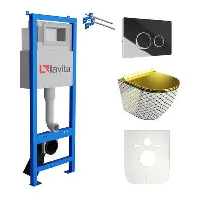 Produktbild von Lavita LAV 101 Vorwandelement für WC 40cm + Wand Hänge Tiefspül WC SOFI SLIM CHECKED GOLD Spülrandlos + Bedienplatte LAV 200.4.2 Verchromt | Komplettset | Unterputz Spülkasten | Toilette Komplett Sett