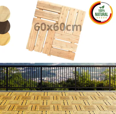A close-up of wooden deck tiles, with a view of a balcony railing and greenery in the background, and smaller circular swatches of different wood finishes.