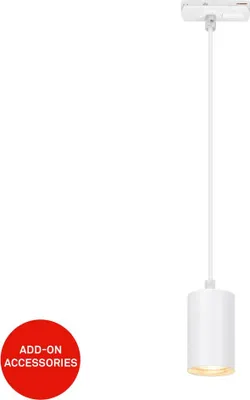 A white pendant light fixture hanging from a white track system.