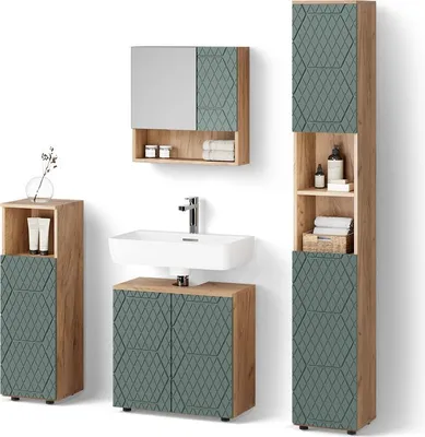 Immagine prodotto di Set mobili bagno Livinity Ronco Quercia verde/oro 4 pezzi, con colonna, Model 52932