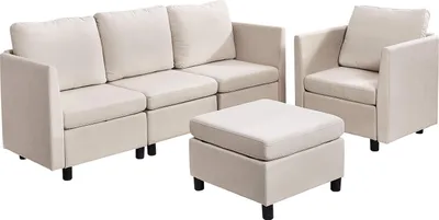 Zdjęcie produktu dla SucceBuy sofa narożna z miejscem do przechowywania, modułowa sofa rozkładana z elastyczną pianką, tapicerowana sofa 5-osobowa z solidną drewnianą ramą do salonu i sypialni, beżowa