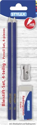 Produktbild von Bleistiftset / 2 Bleistifte HB, 1 Metall-Anspitzer + Radierer / Farbe: blau