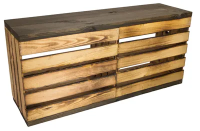 Produktbild von Sitzbank geflammt mit Sitzfläche aus dicken schwarzen Holzplanken