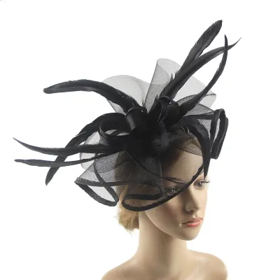Produktbild von Einfarbiger, eleganter Fascinator-Hut mit Haarspange, dekorative Federschleife, Netzdekor, Pillbox-Hut, Haar-Accessoires, Schwarz