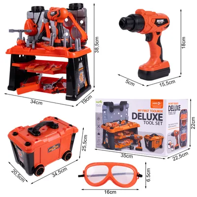 Produktbild von MalPlay Spielzeug-Werkzeugset Werkstatt auf Rädern mit Akkubohrmaschine, 65-tlg., inkl. Tragetasche, orange-schwarz, Maße 25,5x34,5x20,5 cm, ab 3 Jahren, realistische Werkzeuge