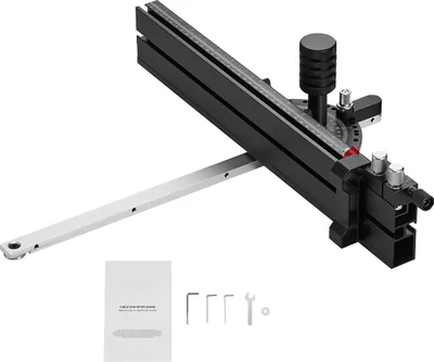 A table saw miter gauge with an 18-inch fence and accessories.