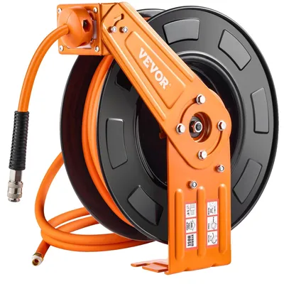 Productafbeelding van VEVOR luchtslanghaspel, 9,52 mm x 19,81 m, maximale druk 300 PSI, met automatische opwindfunctie en toevoer, geschikt voor montage aan het plafond of de muur in werkplaatsen en garages