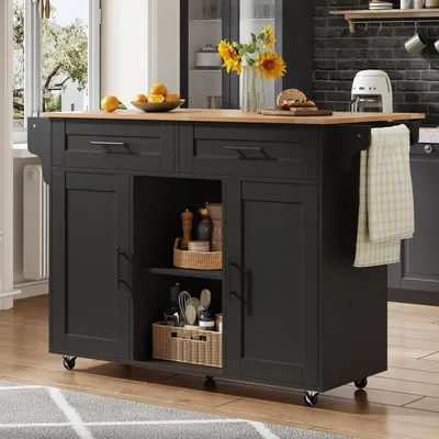 Produktbild von Multifunktionale mobile Kücheninsel mit klappbarer Arbeitsplatte, verstellbaren Regalen, 5 Rollen und verdeckter Besteckschublade für Küche, Esszimmer und Wohnzimmer, 145 x 45 x 94.5 cm (Schwarz)