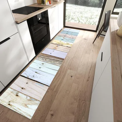 Produktbild von Küchenteppich 60x300cm rutschfest & abwischbar PVC Läufer - Bunte Holzplanken