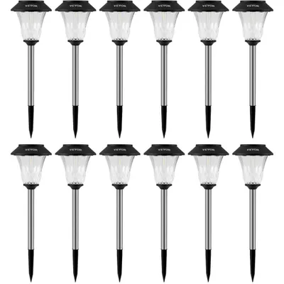 Image de Lot de 12 lampes solaires de jardin. Autonomie maximale : jusqu'à 16 heures. Lampes solaires d'extérieur pour allée, lumière blanc chaud. Batterie au lithium 500 mAh. Lampes solaires décoratives étanches. Idéales pour le jardin, la cour, la pelouse et la terrasse.